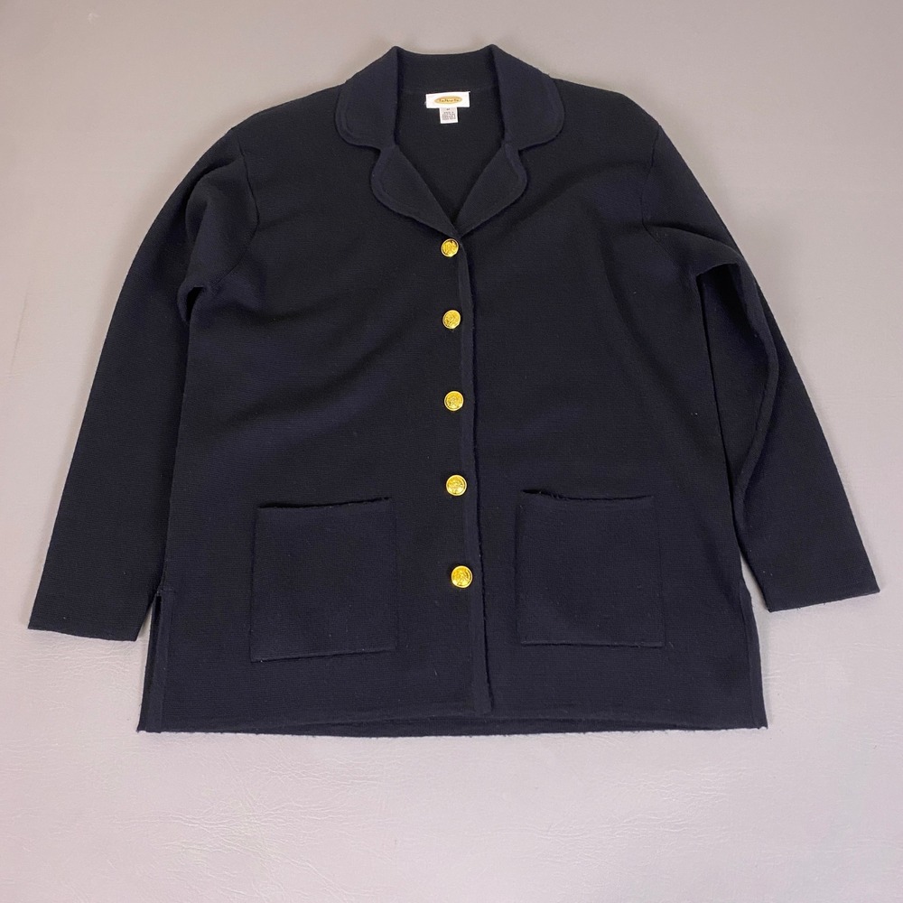 Talbots Cardigan Blazer Women's Size Medium Black Gold Buttons 100% Merino Wool